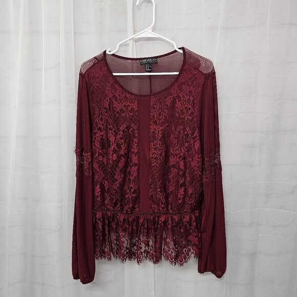 Burgundy Mesh Lace Blouse Sheer Goth Boho Whimsigoth Fairy Peplum 1X - Picture 7 of 10